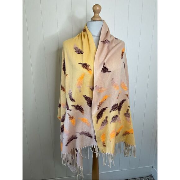 Je Crois Ios Womens Fall Leaves Autumn Scarf Wrap Gold Cream Brown Fringe 27x72 - Picture 3 of 9